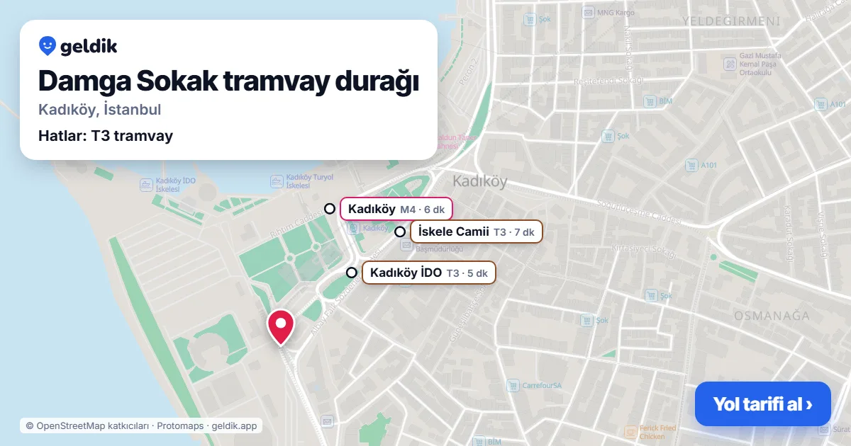 Damga Sokak tramvay durağı haritada: konumu, yakındaki istasyonlar ve otobüs durakları