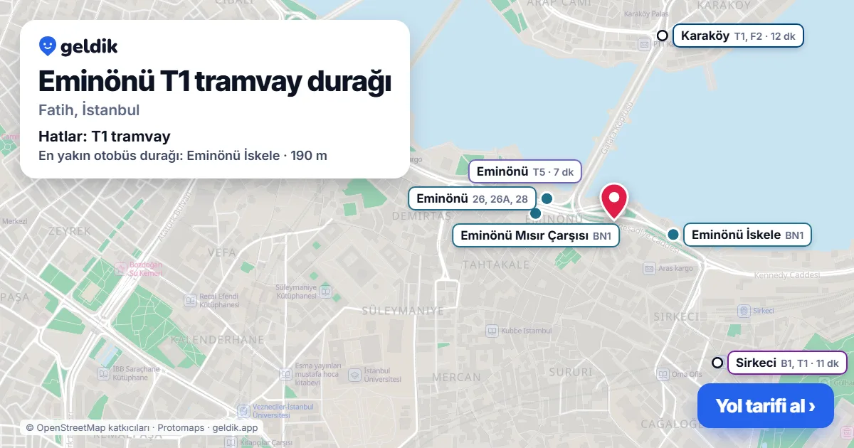 Eminönü T1 tramvay durağı haritada: konumu, yakındaki istasyonlar ve otobüs durakları
