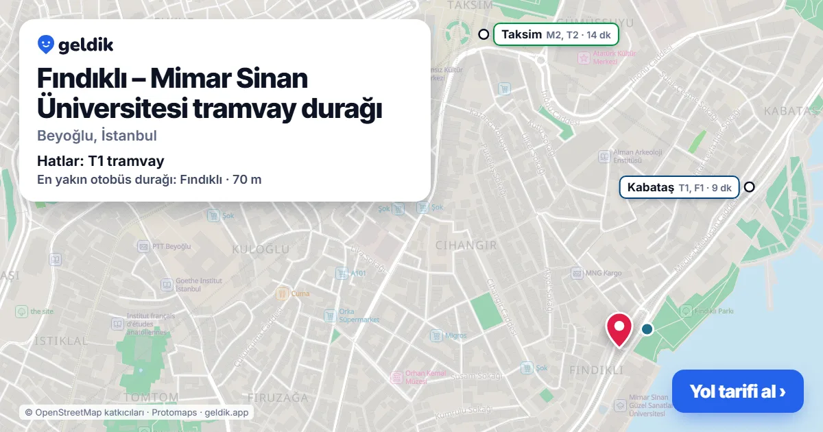 Fındıklı – Mimar Sinan Üniversitesi tramvay durağı haritada: konumu, yakındaki istasyonlar ve otobüs durakları