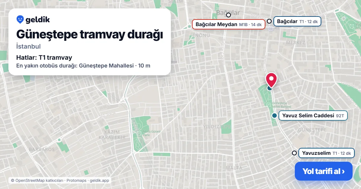 Güneştepe tramvay durağı haritada: konumu, yakındaki istasyonlar ve otobüs durakları