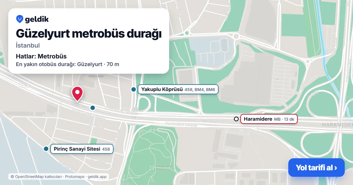 Güzelyurt metrobüs durağı haritada: konumu, yakındaki istasyonlar ve otobüs durakları