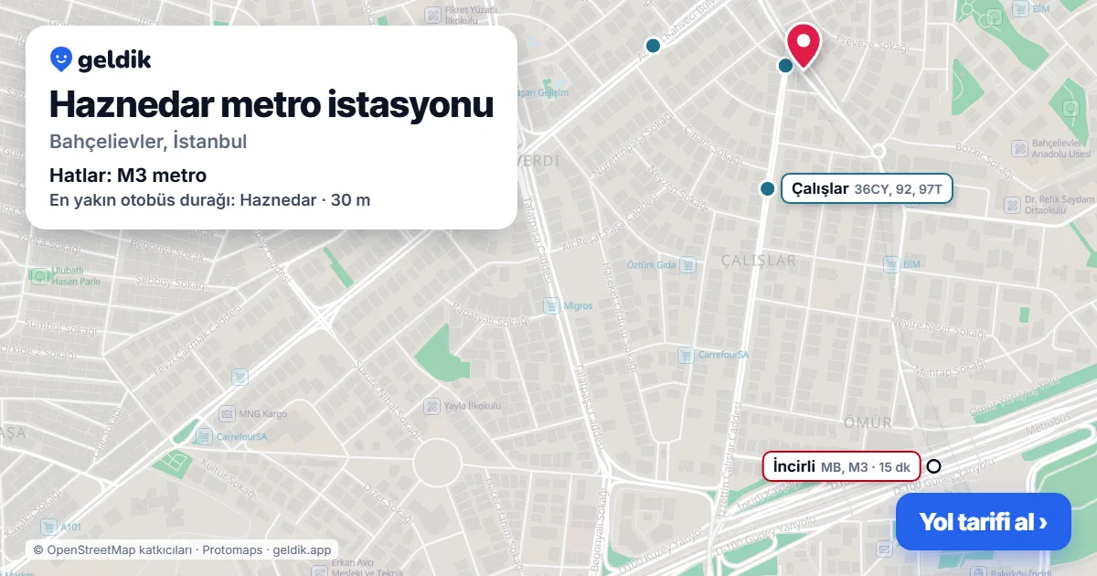Haznedar metro station on the map: location, nearby stations and bus stops