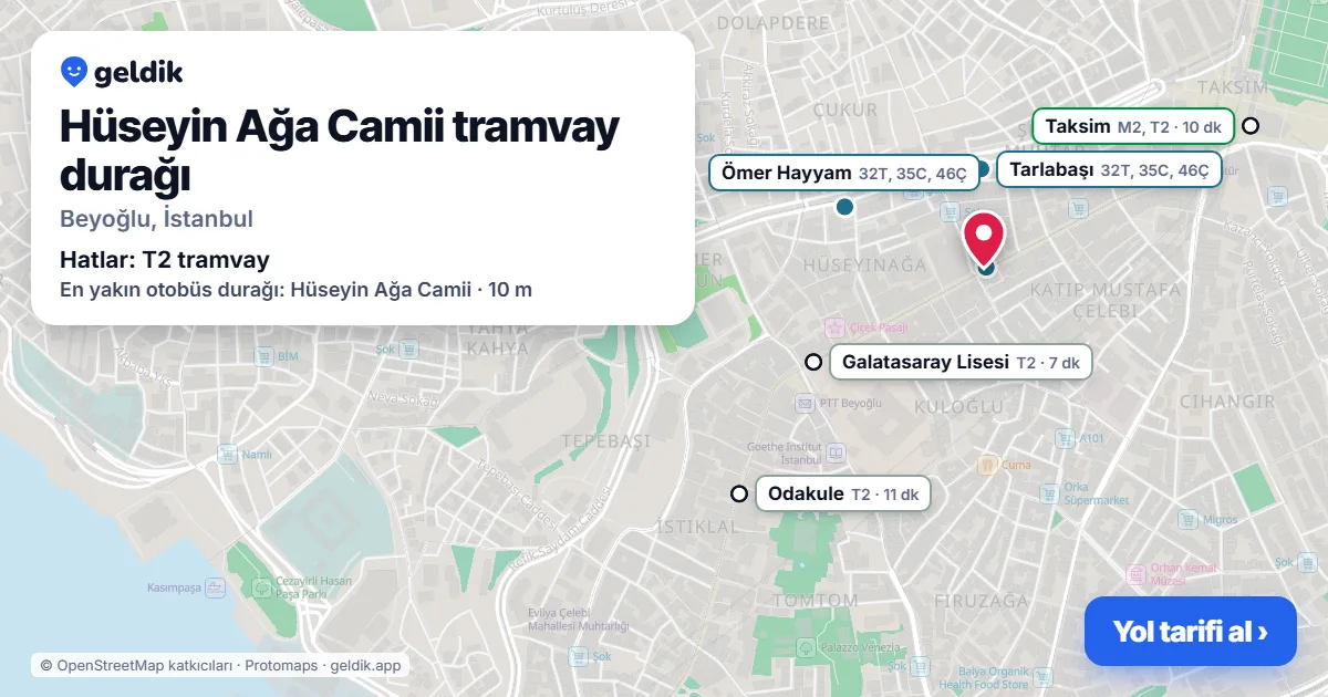 Hüseyin Ağa Camii tramvay durağı haritada: konumu, yakındaki istasyonlar ve otobüs durakları
