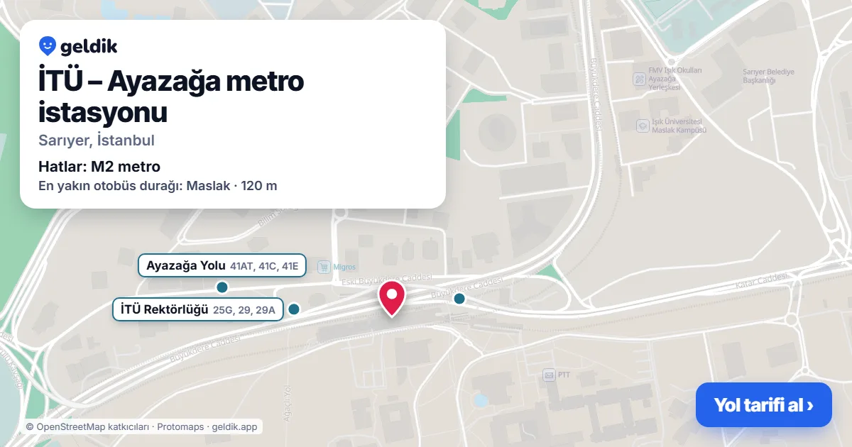 İTÜ – Ayazağa metro istasyonu haritada: konumu, yakındaki istasyonlar ve otobüs durakları