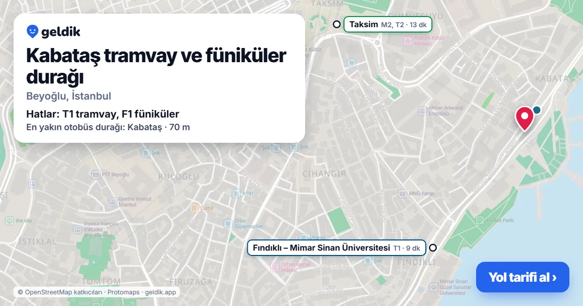 Kabataş tram and funicular station on the map: location, nearby stations and bus stops