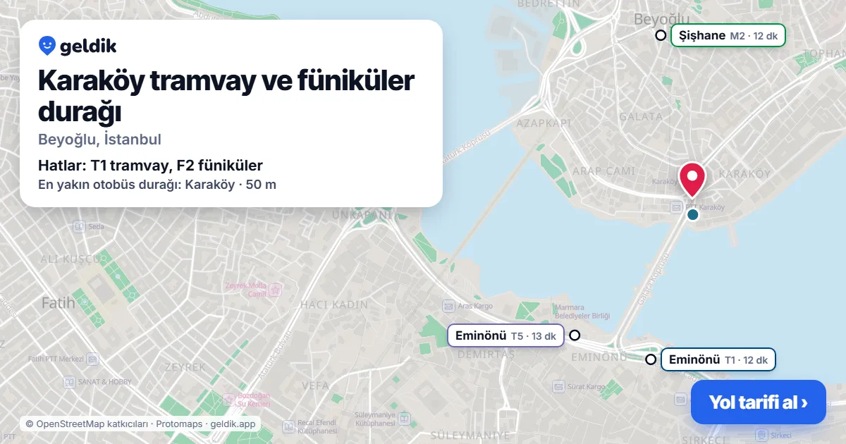 Karaköy tramvay ve füniküler durağı haritada: konumu, yakındaki istasyonlar ve otobüs durakları