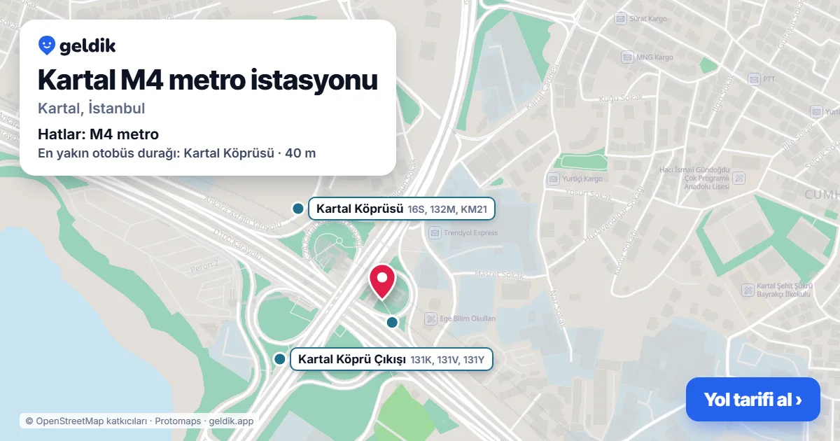 Kartal M4 metro istasyonu haritada: konumu, yakındaki istasyonlar ve otobüs durakları