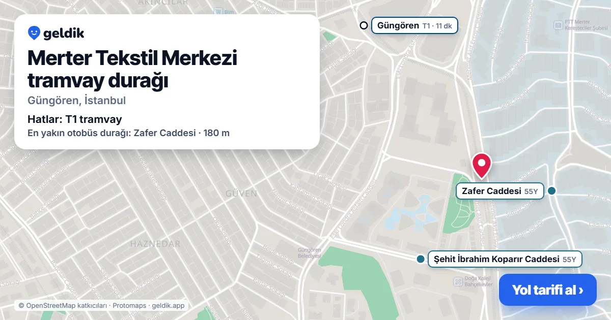 Merter Tekstil Merkezi tramvay durağı haritada: konumu, yakındaki istasyonlar ve otobüs durakları