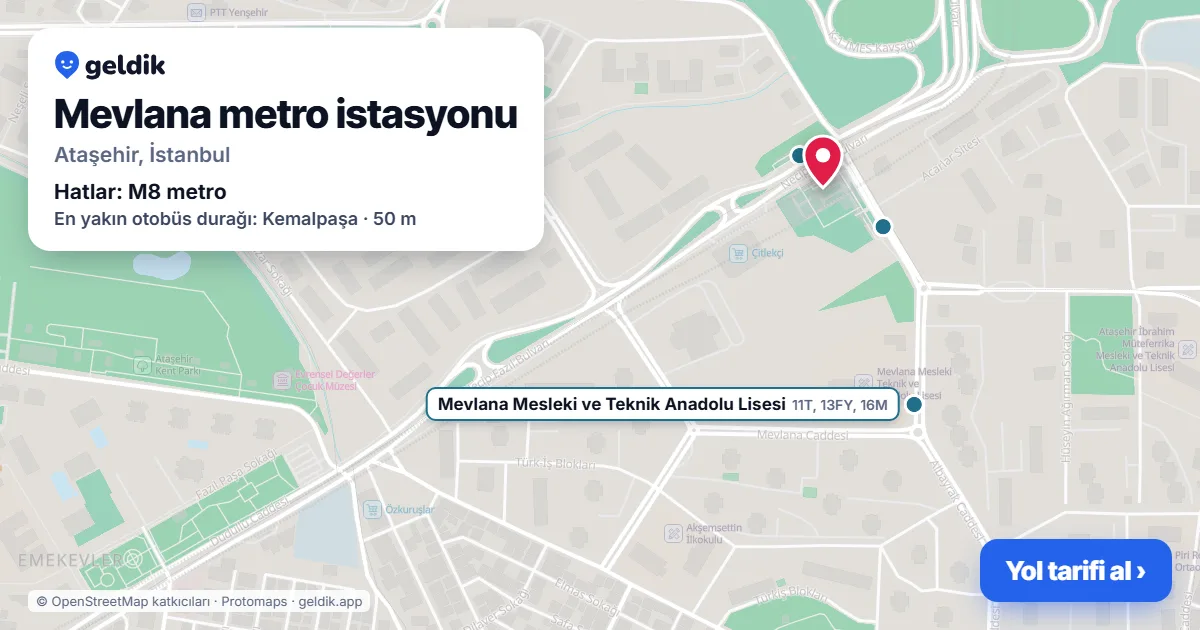 Mevlana metro istasyonu haritada: konumu, yakındaki istasyonlar ve otobüs durakları