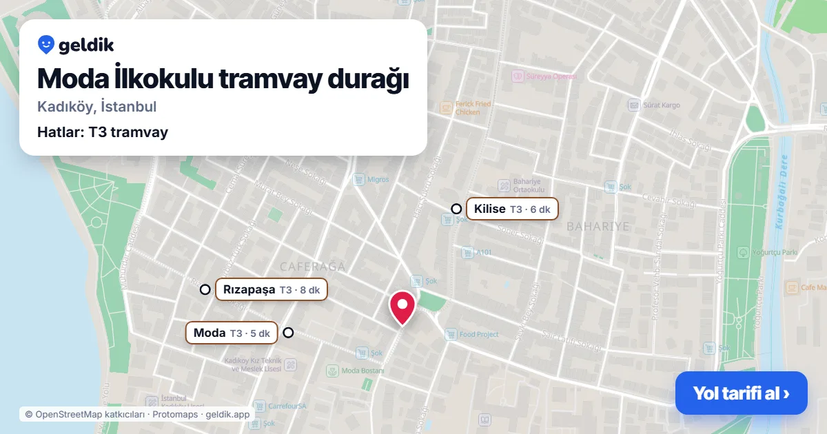 Moda İlkokulu tramvay durağı haritada: konumu, yakındaki istasyonlar ve otobüs durakları