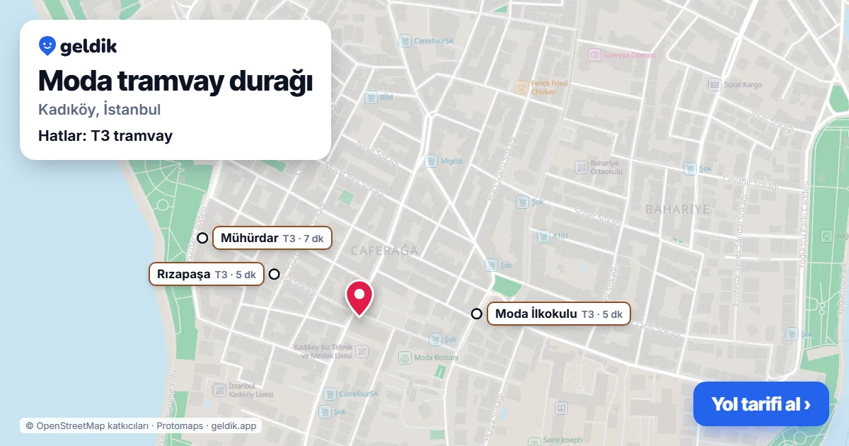 Moda tramvay durağı haritada: konumu, yakındaki istasyonlar ve otobüs durakları