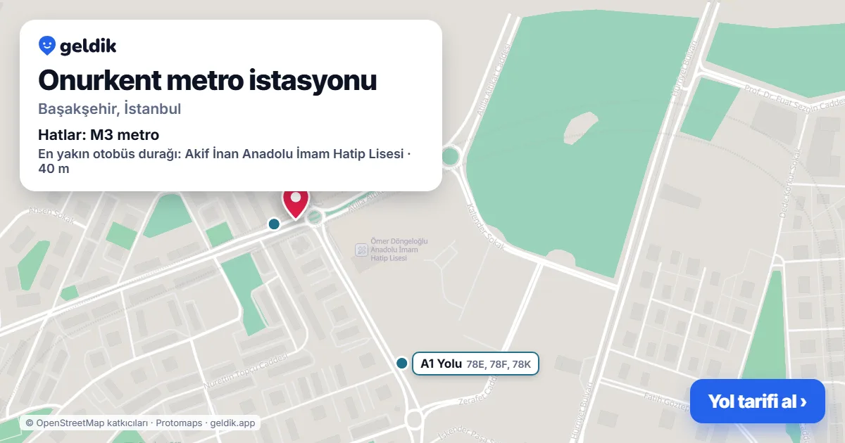 Onurkent metro istasyonu haritada: konumu, yakındaki istasyonlar ve otobüs durakları