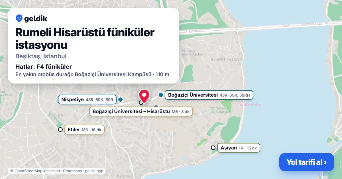 Rumeli Hisarüstü füniküler istasyonu haritada: konumu, yakındaki istasyonlar ve otobüs durakları