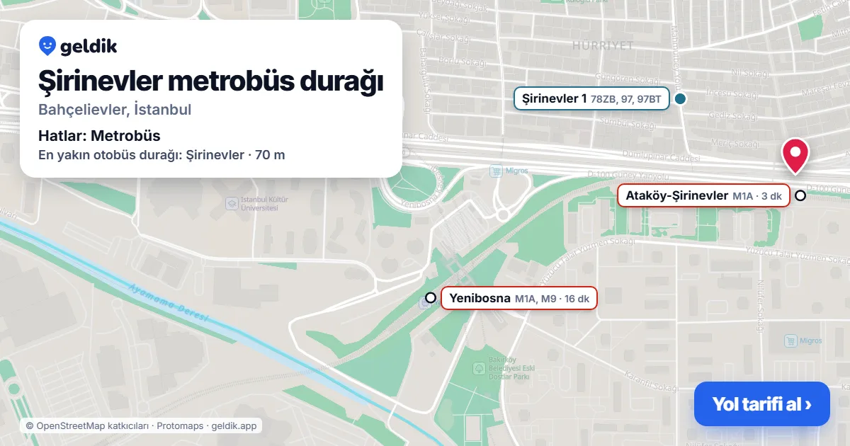 Şirinevler metrobüs durağı haritada: konumu, yakındaki istasyonlar ve otobüs durakları
