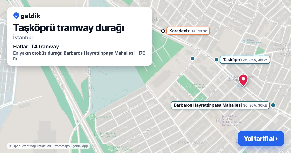 Taşköprü tramvay durağı haritada: konumu, yakındaki istasyonlar ve otobüs durakları