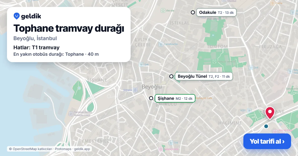 Tophane tram stop on the map: location, nearby stations and bus stops
