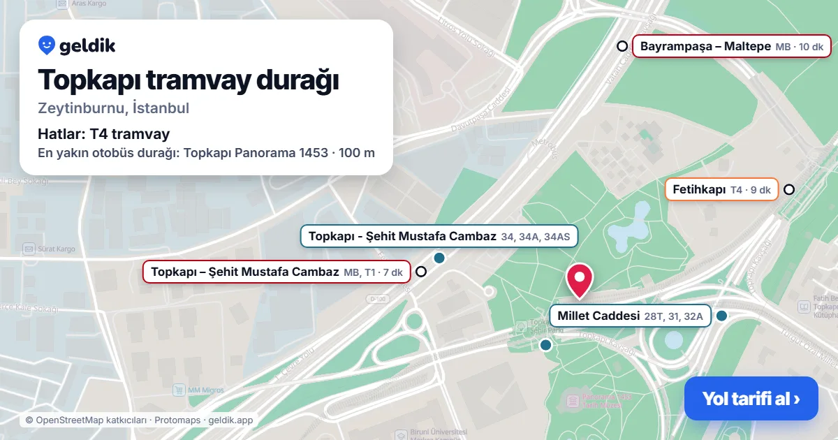 Topkapı tramvay durağı haritada: konumu, yakındaki istasyonlar ve otobüs durakları