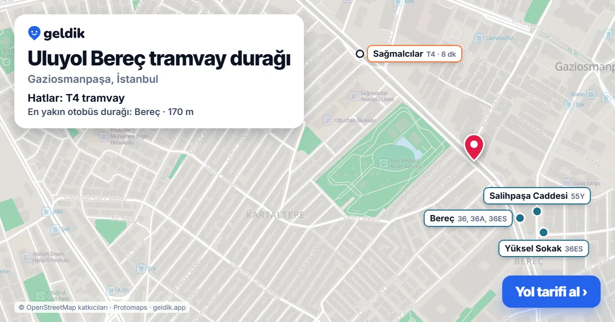 Uluyol Bereç tramvay durağı haritada: konumu, yakındaki istasyonlar ve otobüs durakları