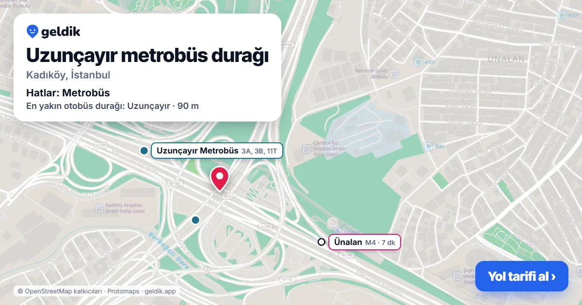 Uzunçayır metrobüs durağı haritada: konumu, yakındaki istasyonlar ve otobüs durakları