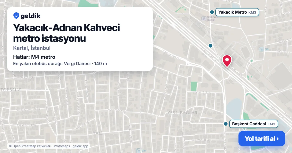 Yakacık-Adnan Kahveci metro istasyonu haritada: konumu, yakındaki istasyonlar ve otobüs durakları