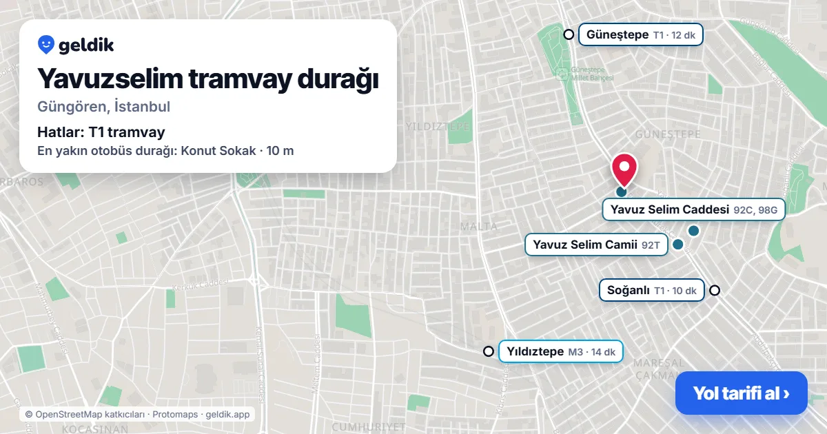 Yavuzselim tramvay durağı haritada: konumu, yakındaki istasyonlar ve otobüs durakları