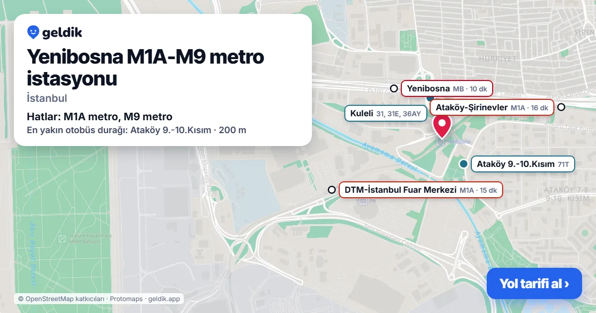 Yenibosna M1A-M9 metro istasyonu haritada: konumu, yakındaki istasyonlar ve otobüs durakları