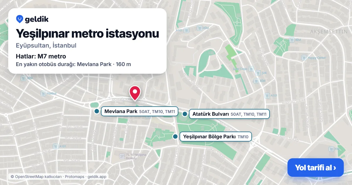 Yeşilpınar metro istasyonu haritada: konumu, yakındaki istasyonlar ve otobüs durakları