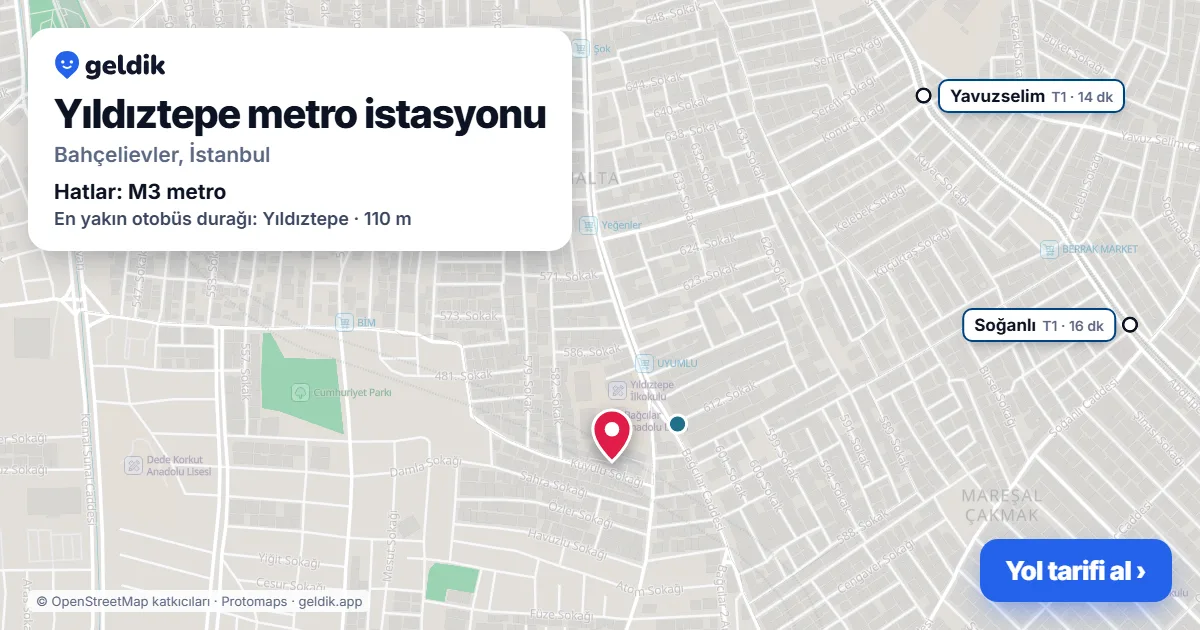 Yıldıztepe metro istasyonu haritada: konumu, yakındaki istasyonlar ve otobüs durakları